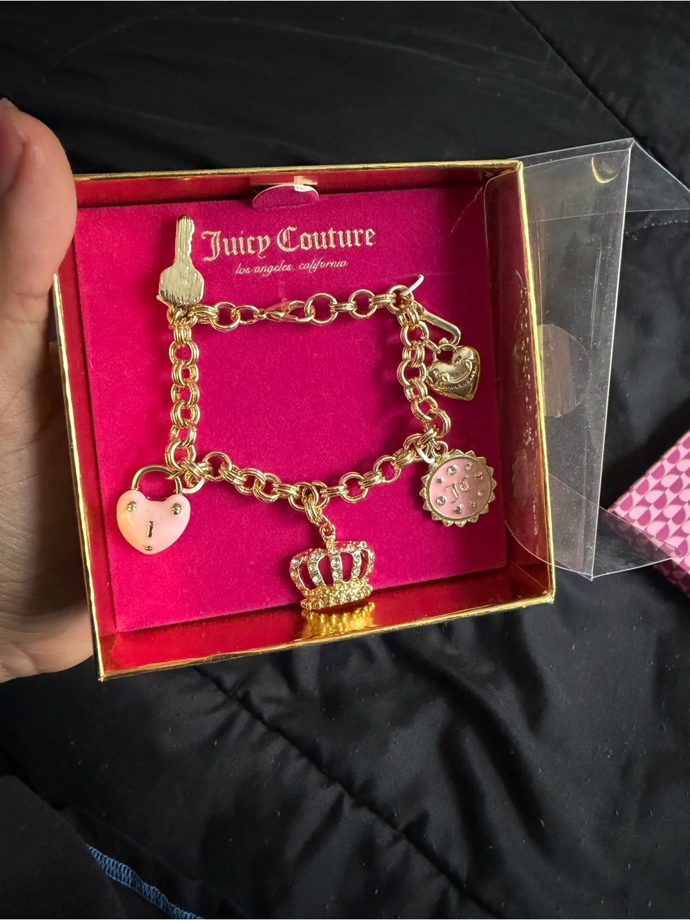 Juicy Couture Gold Pink Charm Bracelet with Crown & Heart